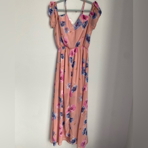 Peach Love Pink Floral Cold Shoulder Ruffle Sleeve Maxi Dress ST - Picture 2 of 8